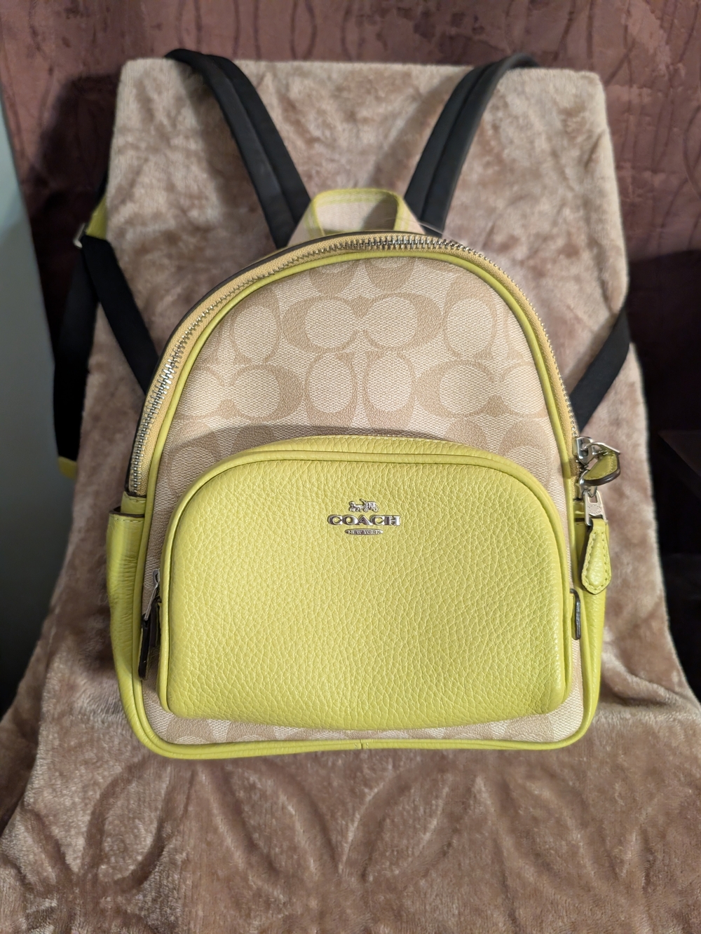 Coach Beige Signature Canvas Backpack with Yellow Leather Trim